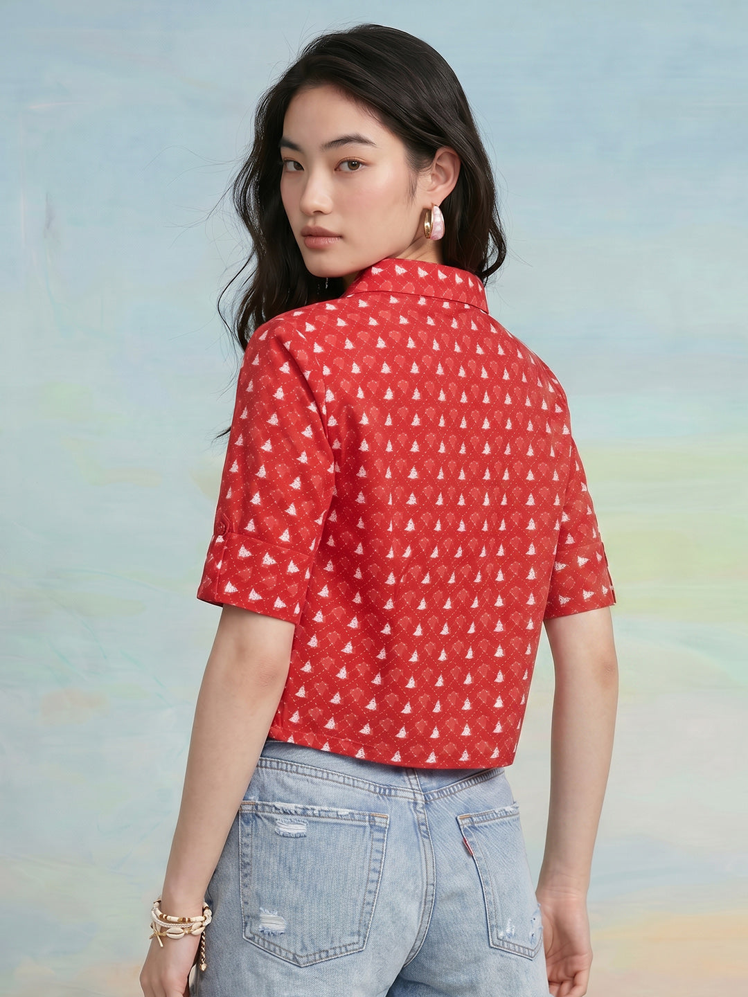 Janasya Red Shirt Cotton Top - Dista