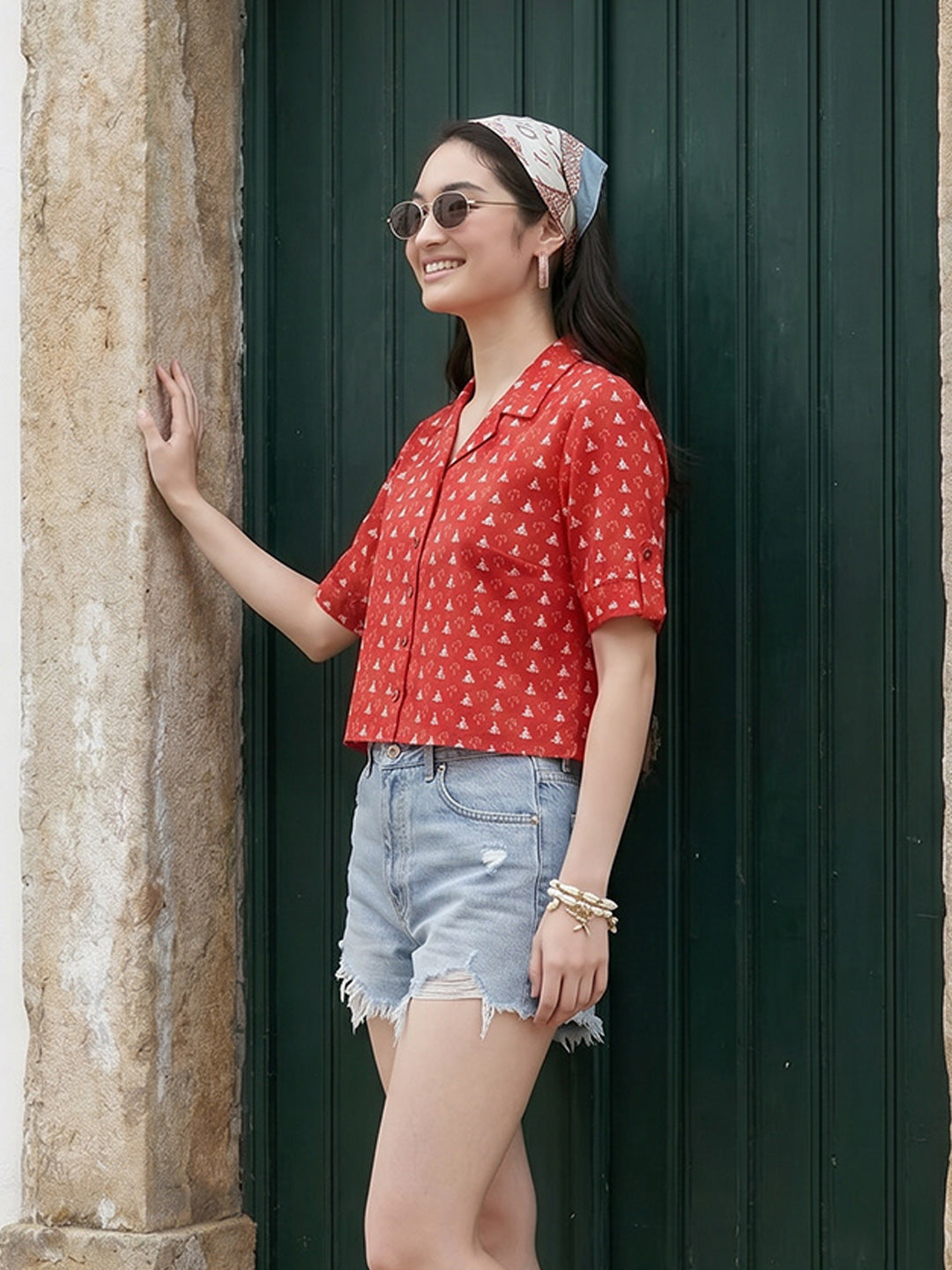 Janasya Red Shirt Cotton Top - Dista