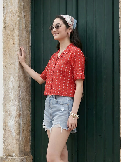 Janasya Red Shirt Cotton Top - Dista