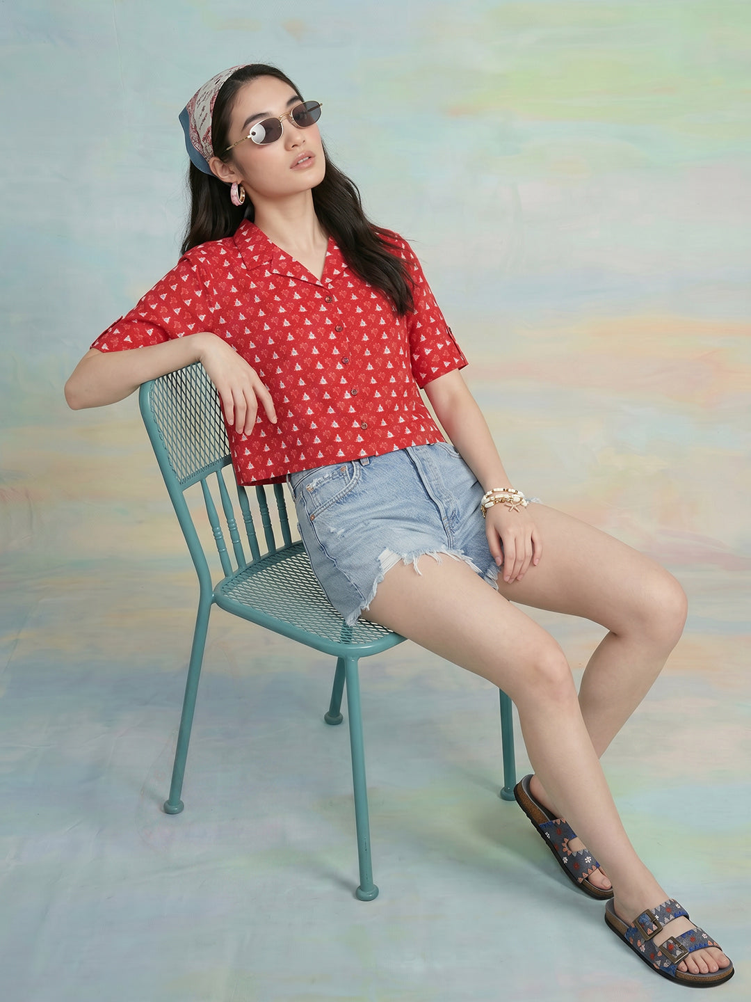 Janasya Red Shirt Cotton Top - Dista