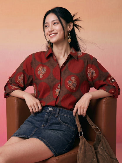 Janasya Brown Shirt Cotton Top - Dista