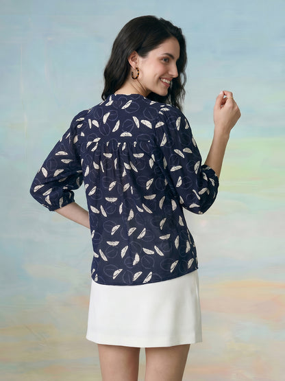 Janasya Navy Blue Shirt Cotton Top - Dista