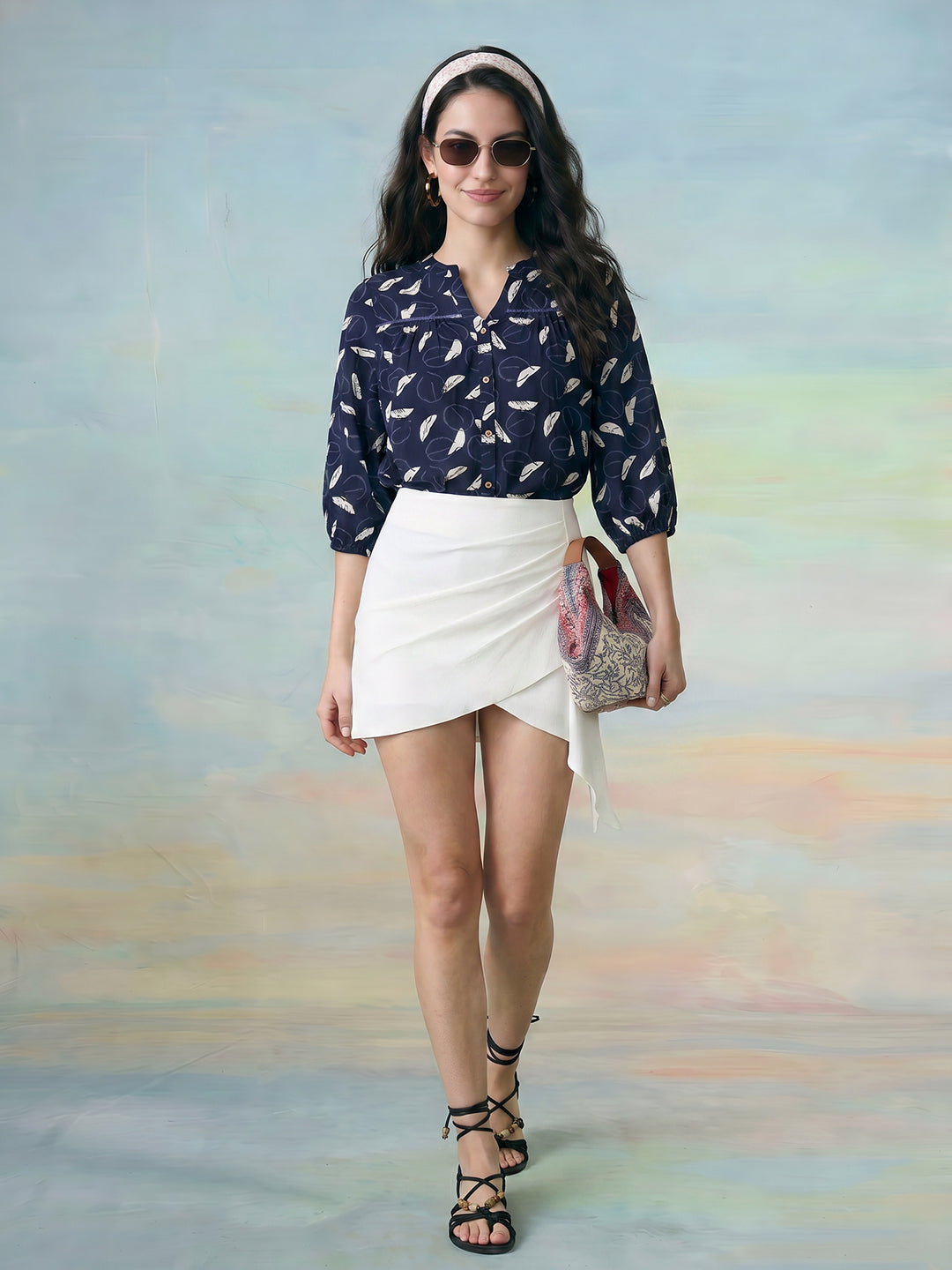 Janasya Navy Blue Shirt Cotton Top - Dista