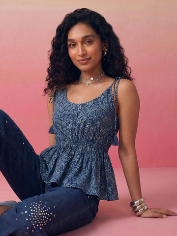 Janasya Blue Peplum Cotton Top - Dista