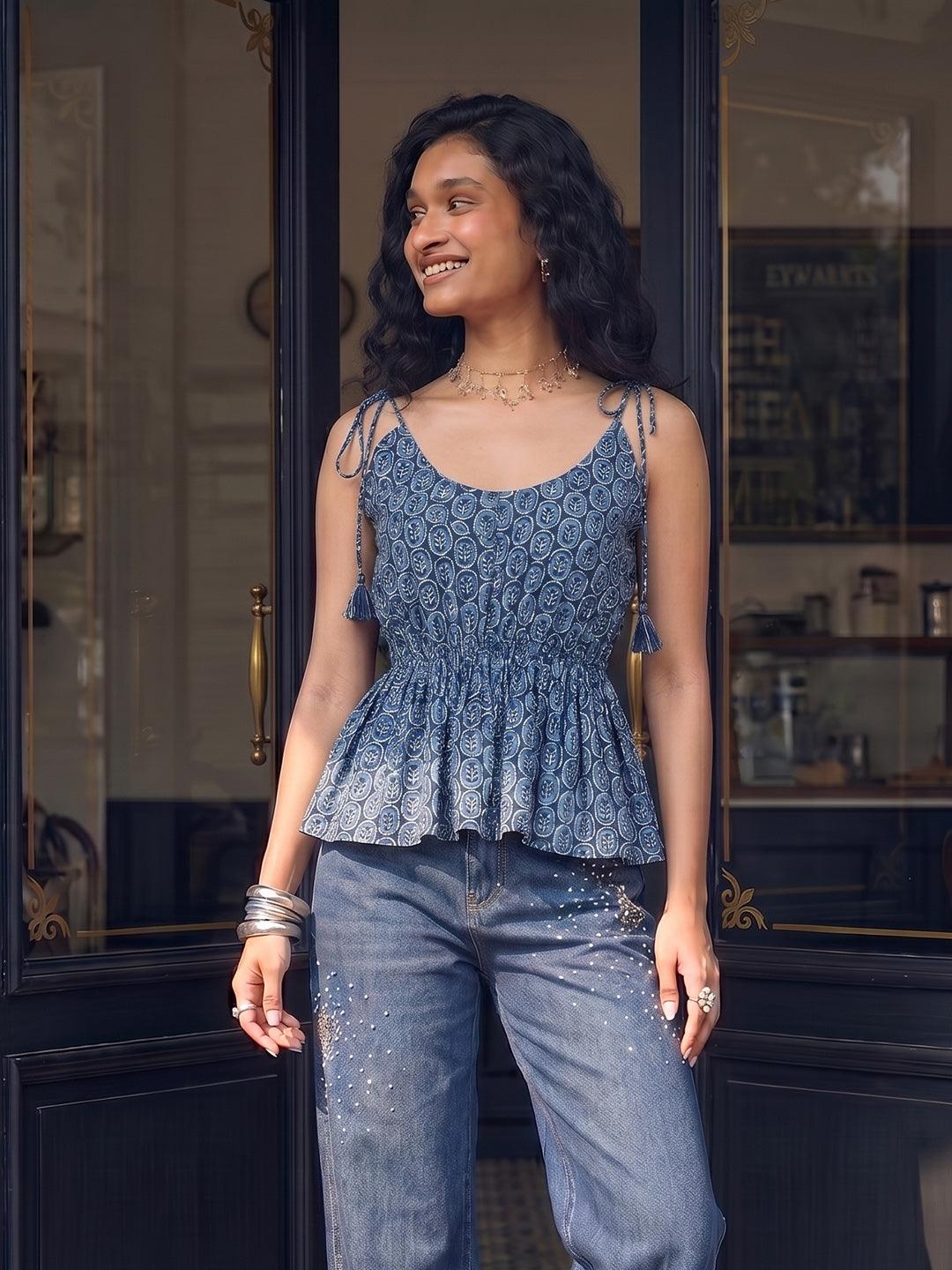 Janasya Blue Peplum Cotton Top - Dista