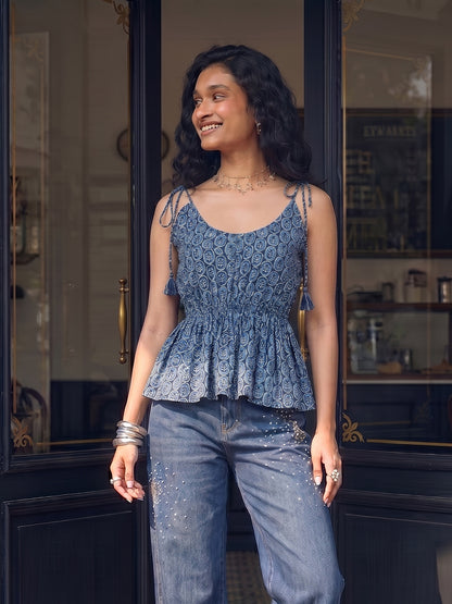 Janasya Blue Peplum Cotton Top - Dista