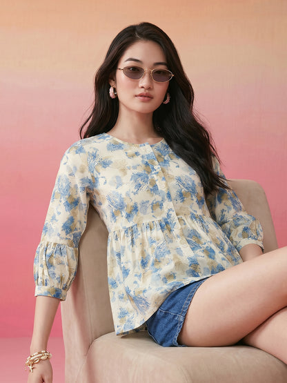 Janasya Cream A-Line Cotton Top - Dista