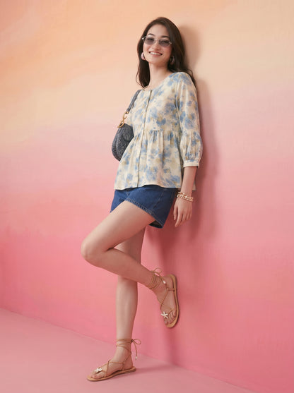 Janasya Cream A-Line Cotton Top - Dista