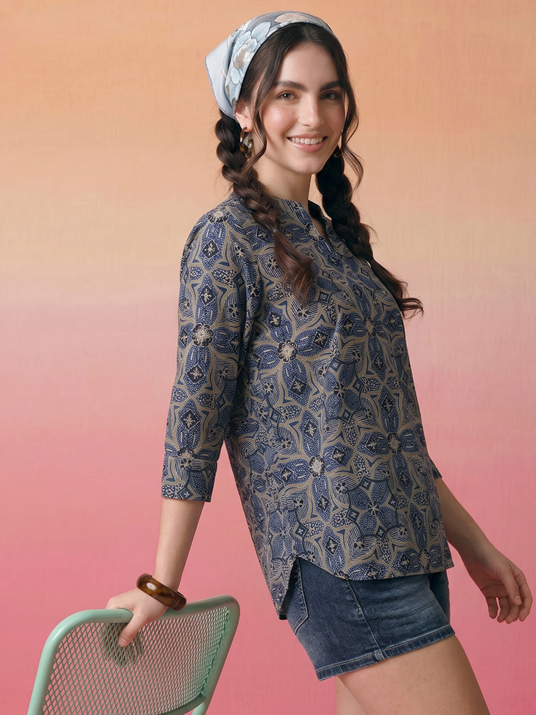 Janasya Blue A-Line Cotton Top - Dista