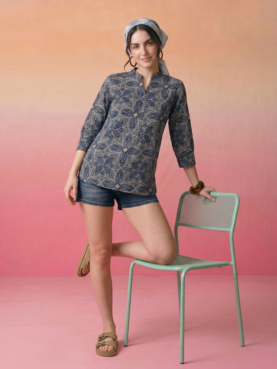 Janasya Blue A-Line Cotton Top - Dista