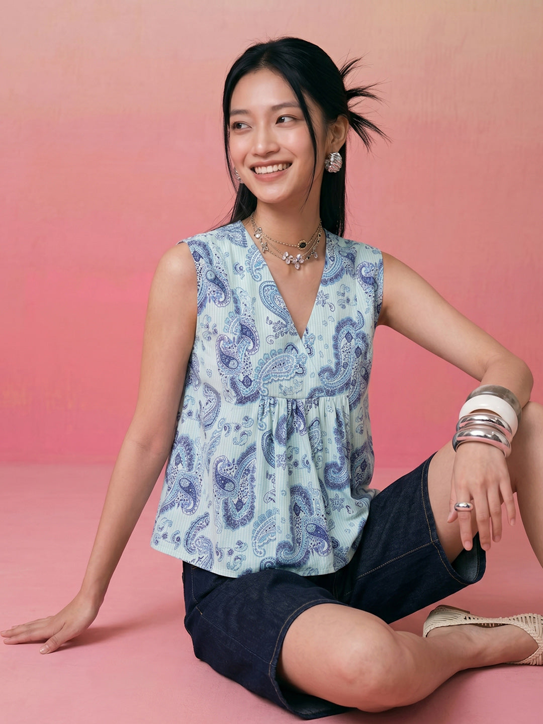 Janasya Aqua Peplum Cotton Top - Dista