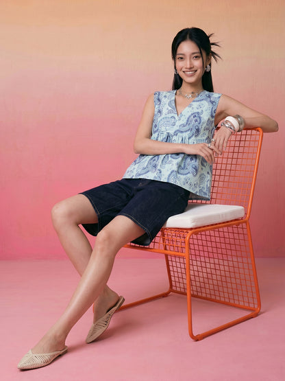 Janasya Aqua Peplum Cotton Top - Dista