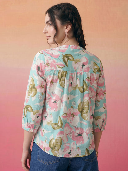 Janasya Sky Blue Straight Cotton Top - Dista