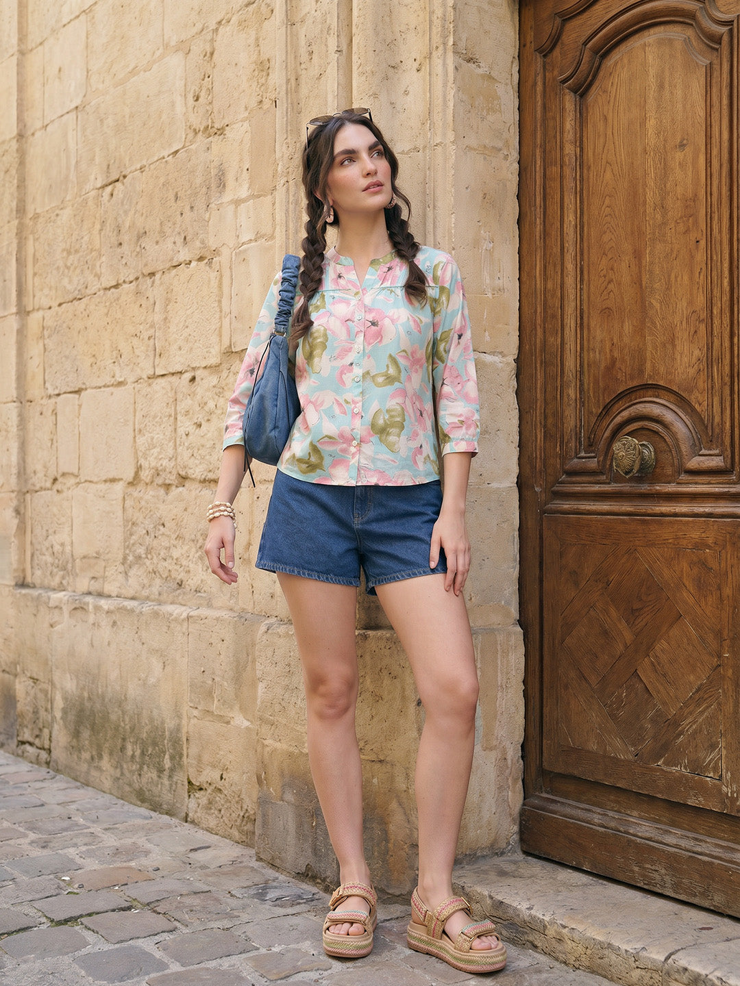 Janasya Sky Blue Straight Cotton Top - Dista