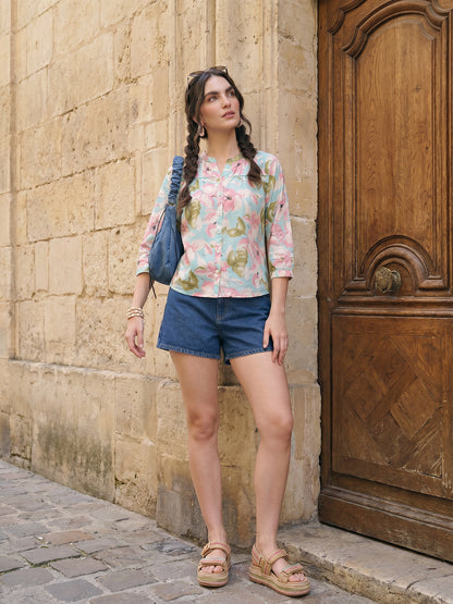 Janasya Sky Blue Straight Cotton Top - Dista