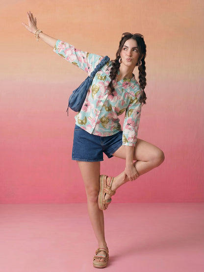Janasya Sky Blue Straight Cotton Top - Dista