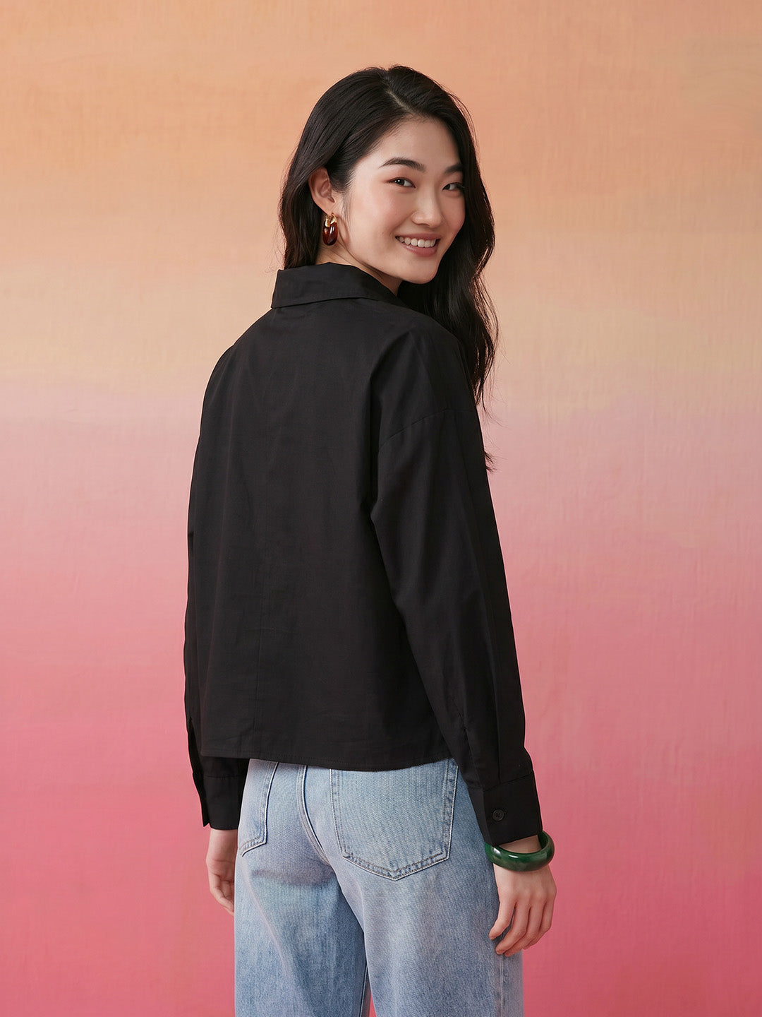 Janasya Black Shirt Cotton Top - Dista