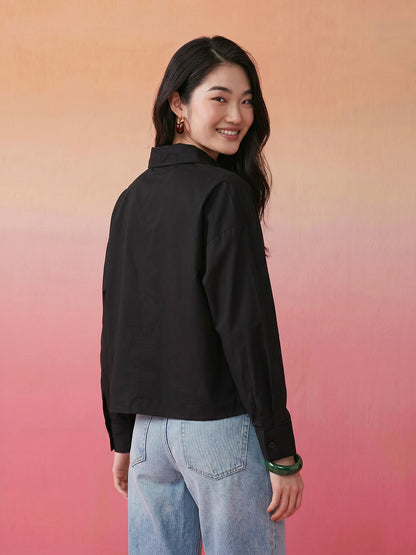 Janasya Black Shirt Cotton Top - Dista