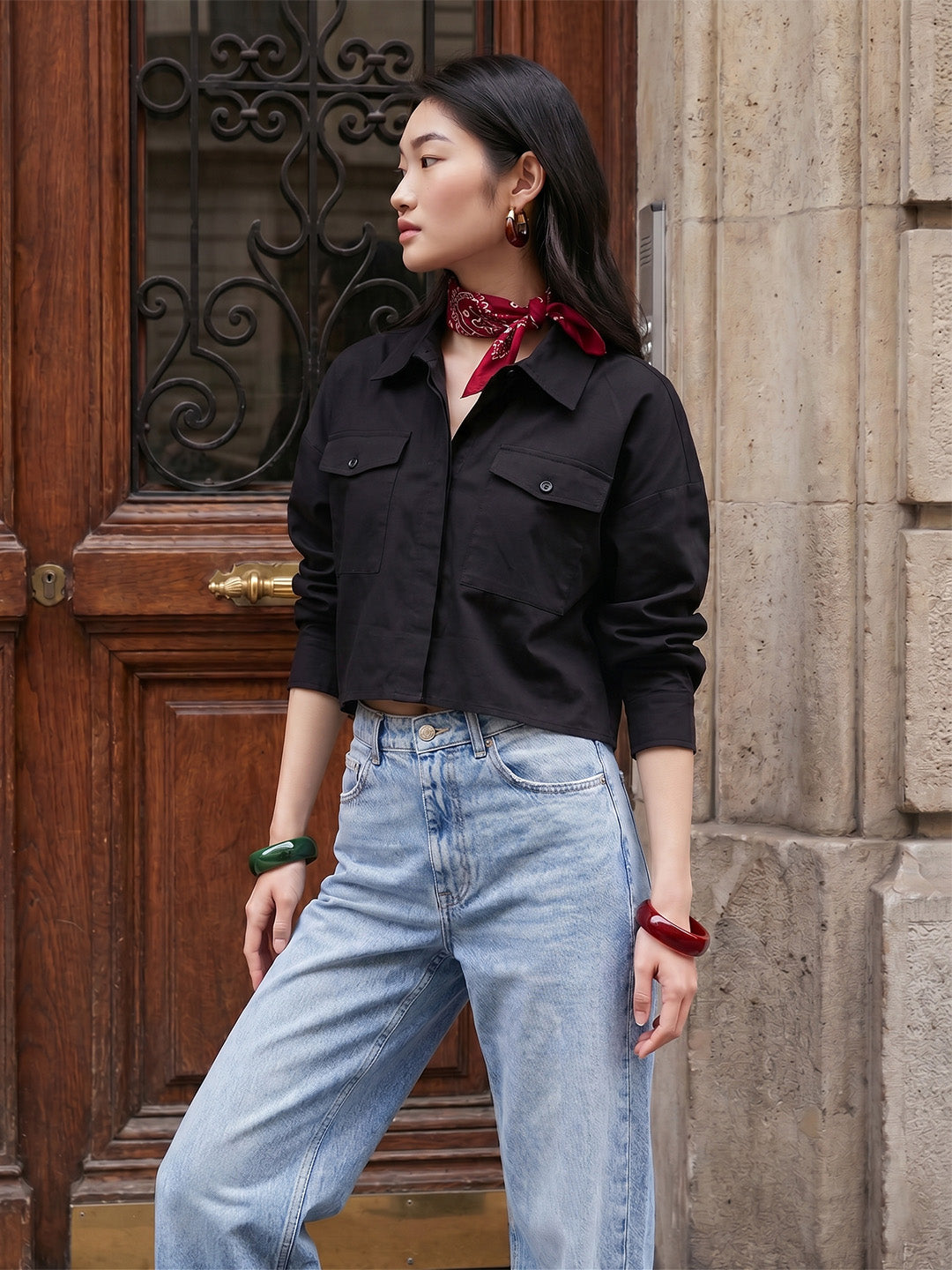 Janasya Black Shirt Cotton Top - Dista