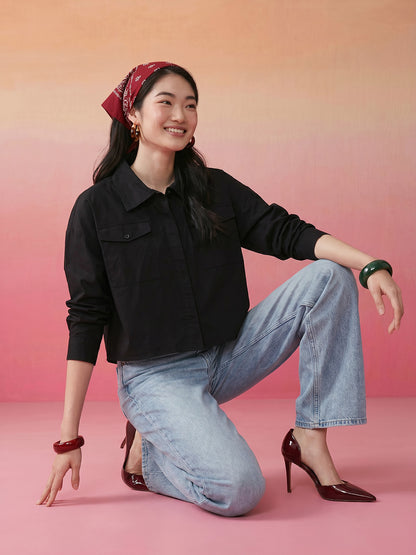 Janasya Black Shirt Cotton Top - Dista
