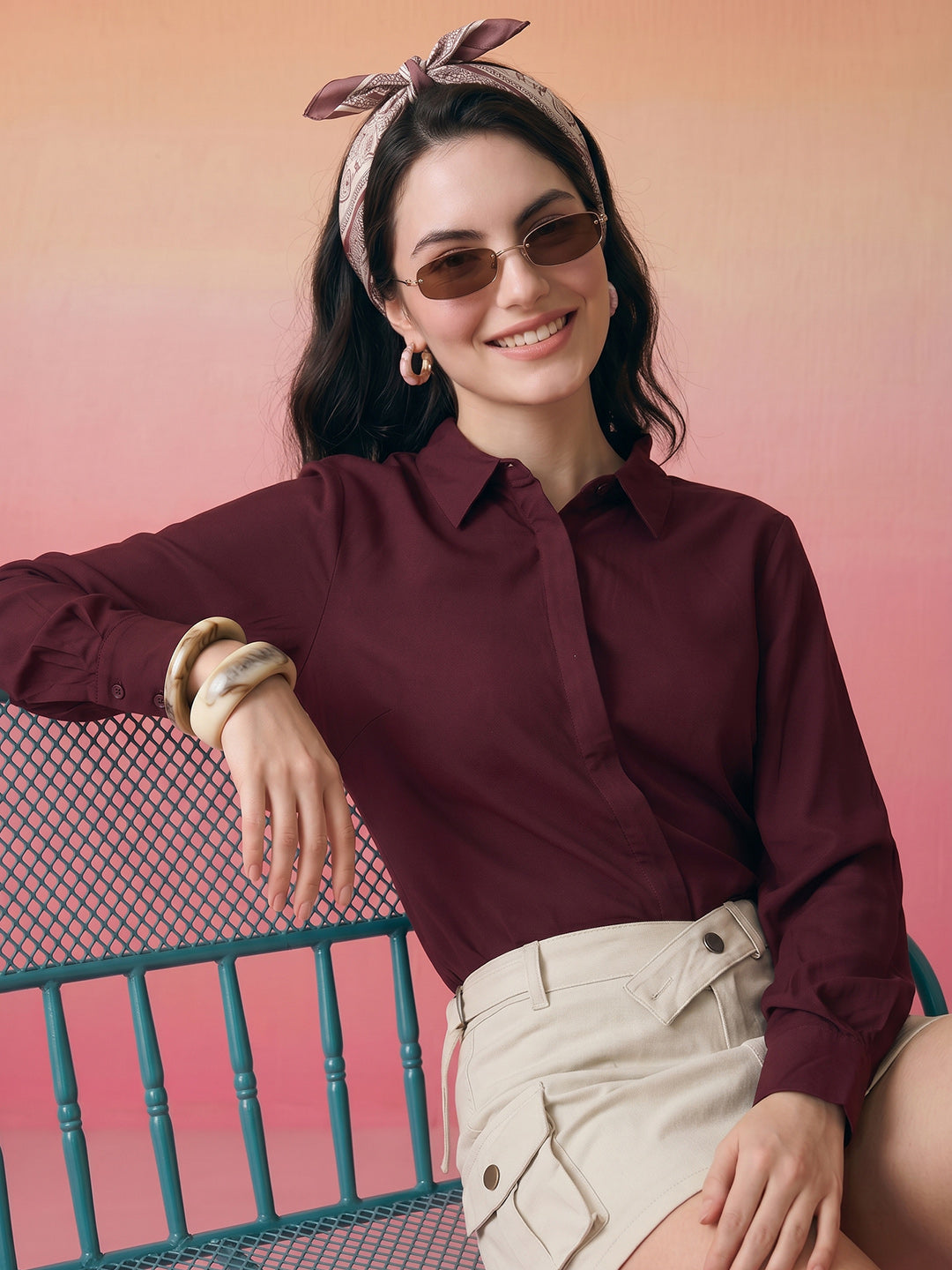 Janasya Wine Shirt Rayon Top - Dista