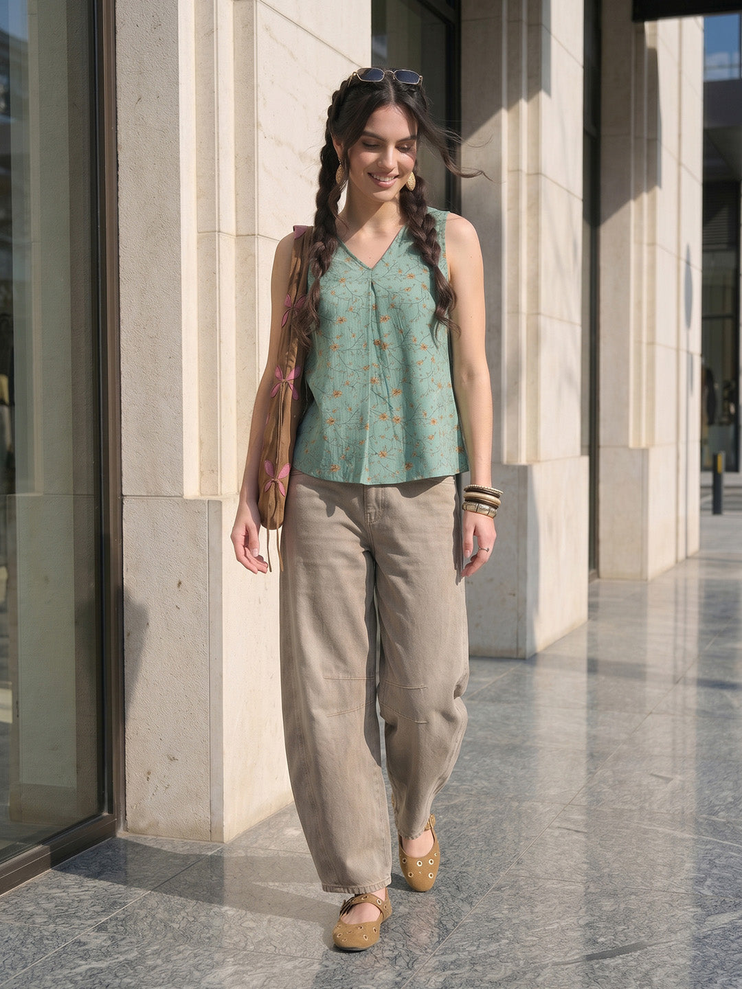 Janasya Teal Green A-Line Cotton Top - Dista