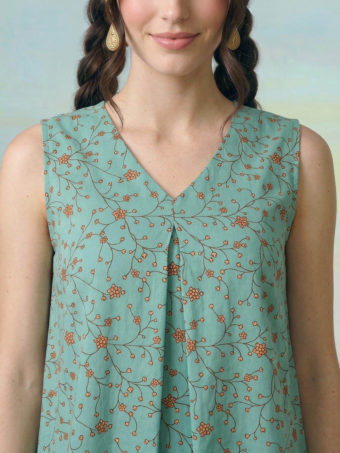 Janasya Teal Green A-Line Cotton Top - Dista