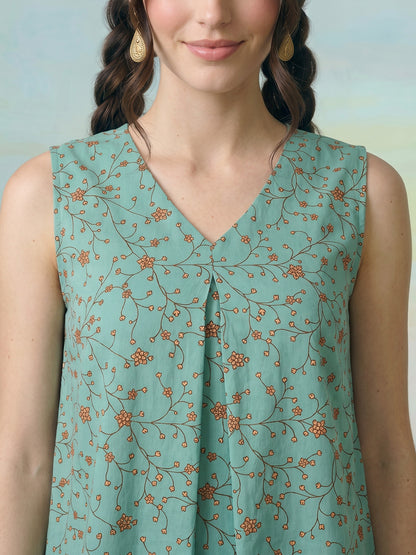 Janasya Teal Green A-Line Cotton Top - Dista