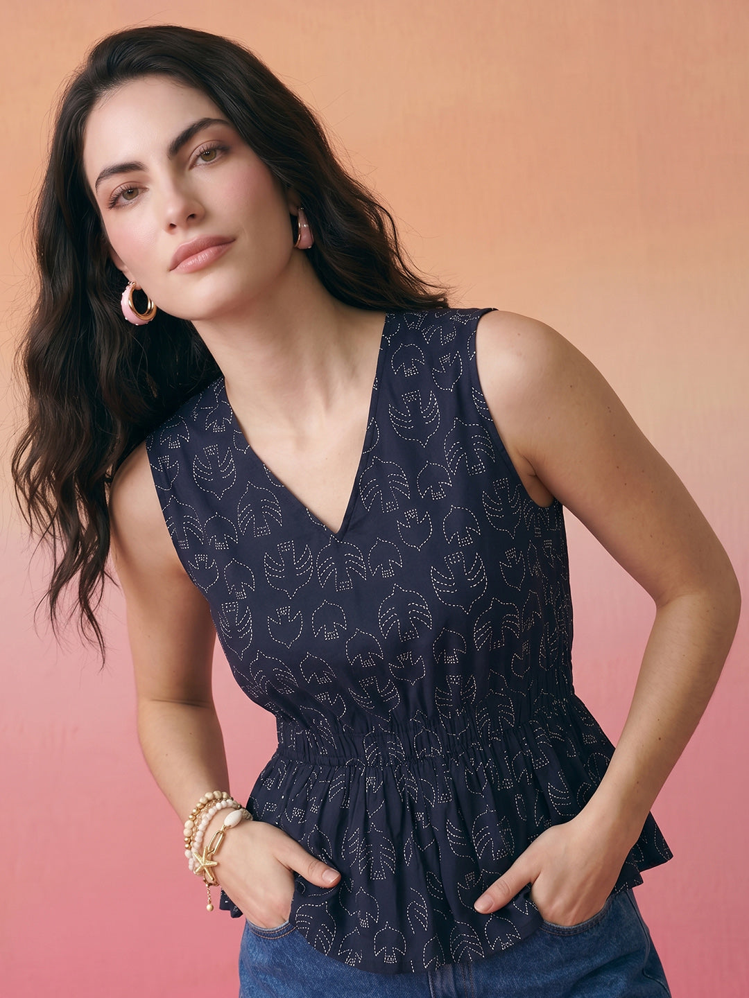 Janasya Navy Blue Peplum Cotton Top - Dista