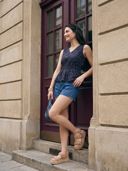 Janasya Navy Blue Peplum Cotton Top - Dista