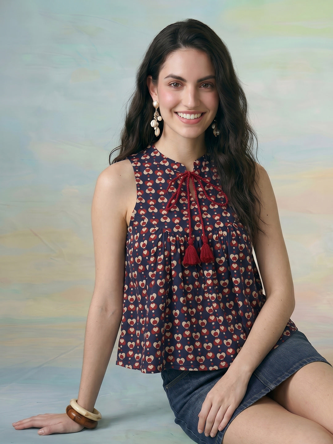 Janasya Navy Blue Peplum Cotton Top - Dista