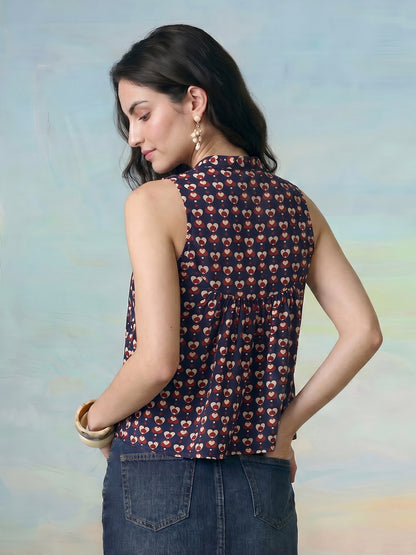Janasya Navy Blue Peplum Cotton Top - Dista