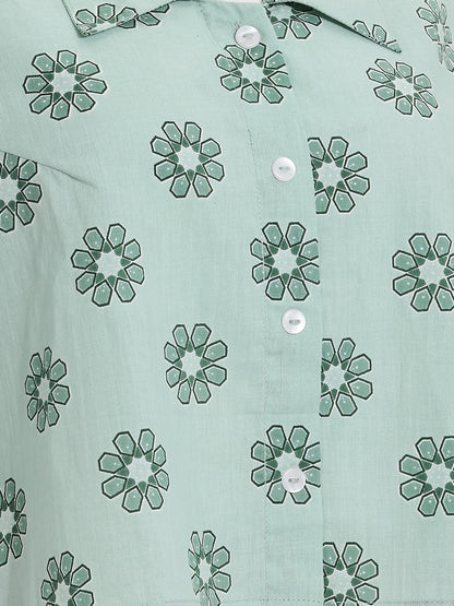Janasya Sea Green Crop Cotton Top - Dista