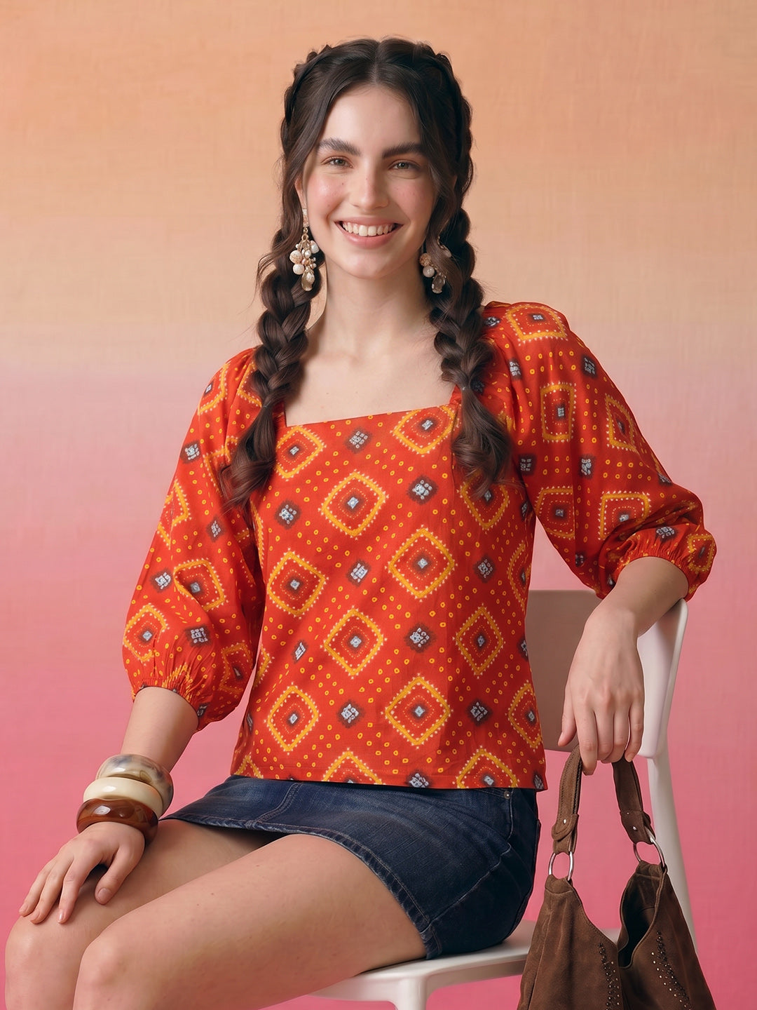Janasya Orange Straight Cotton Top - Dista