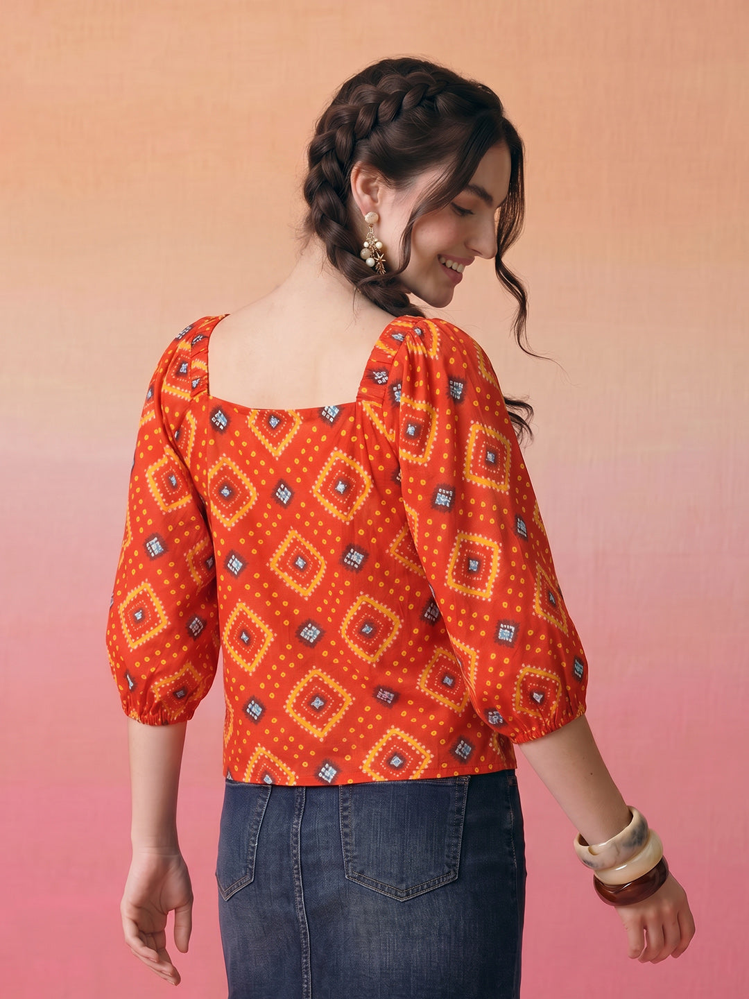 Janasya Orange Straight Cotton Top - Dista
