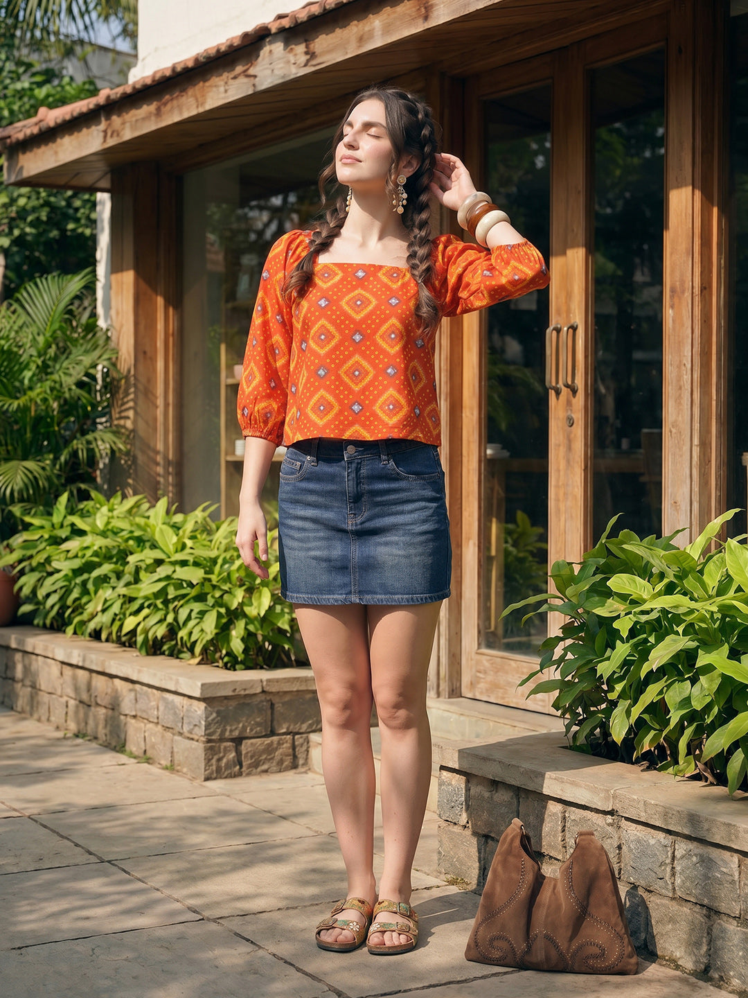 Janasya Orange Straight Cotton Top - Dista