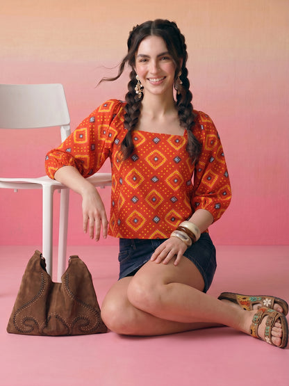 Janasya Orange Straight Cotton Top - Dista