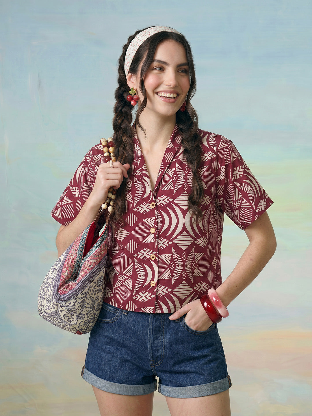 Janasya Wine Shirt Cotton Top - Dista