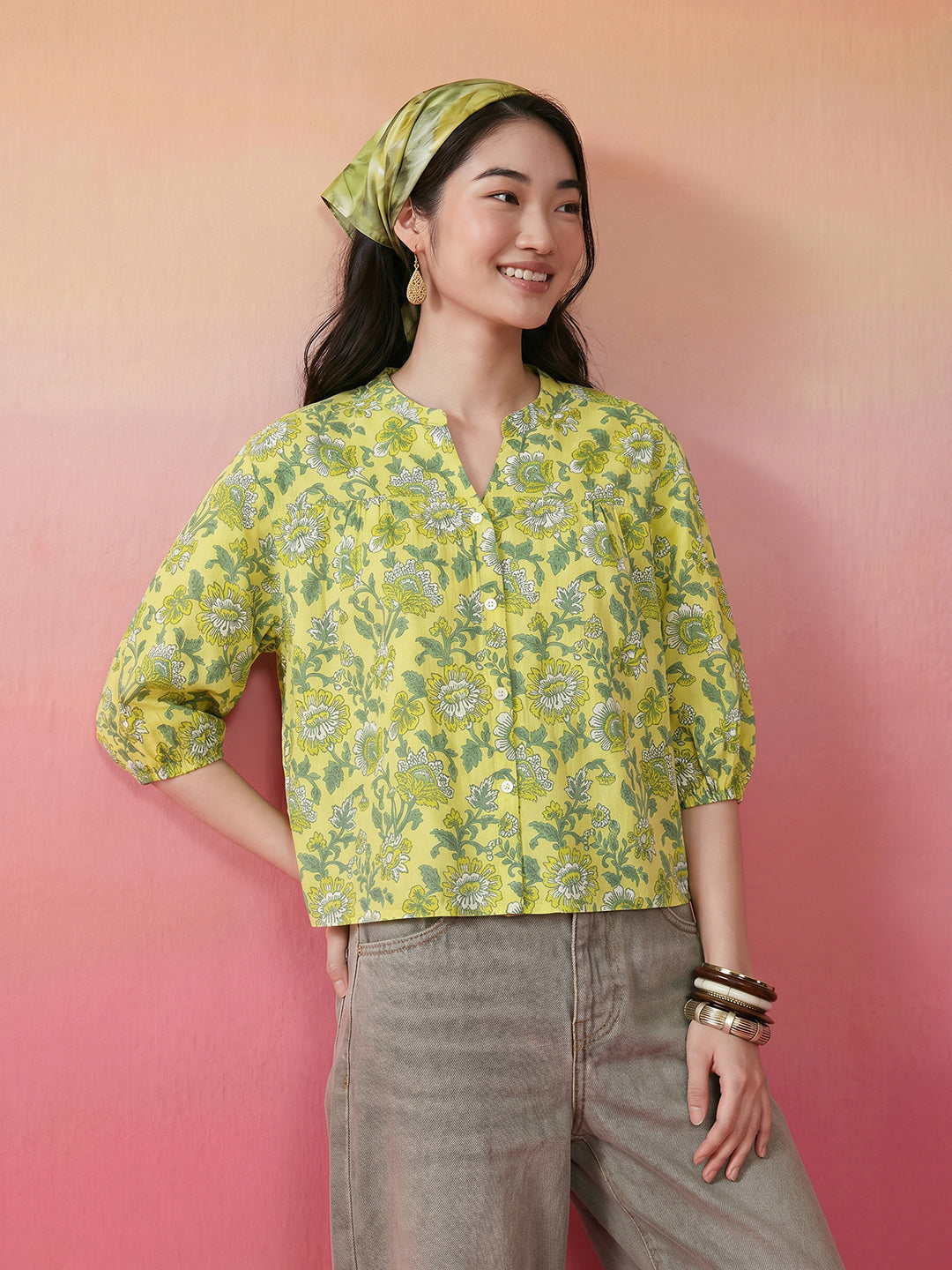 Janasya Lime Green Shirt Cotton Top - Dista