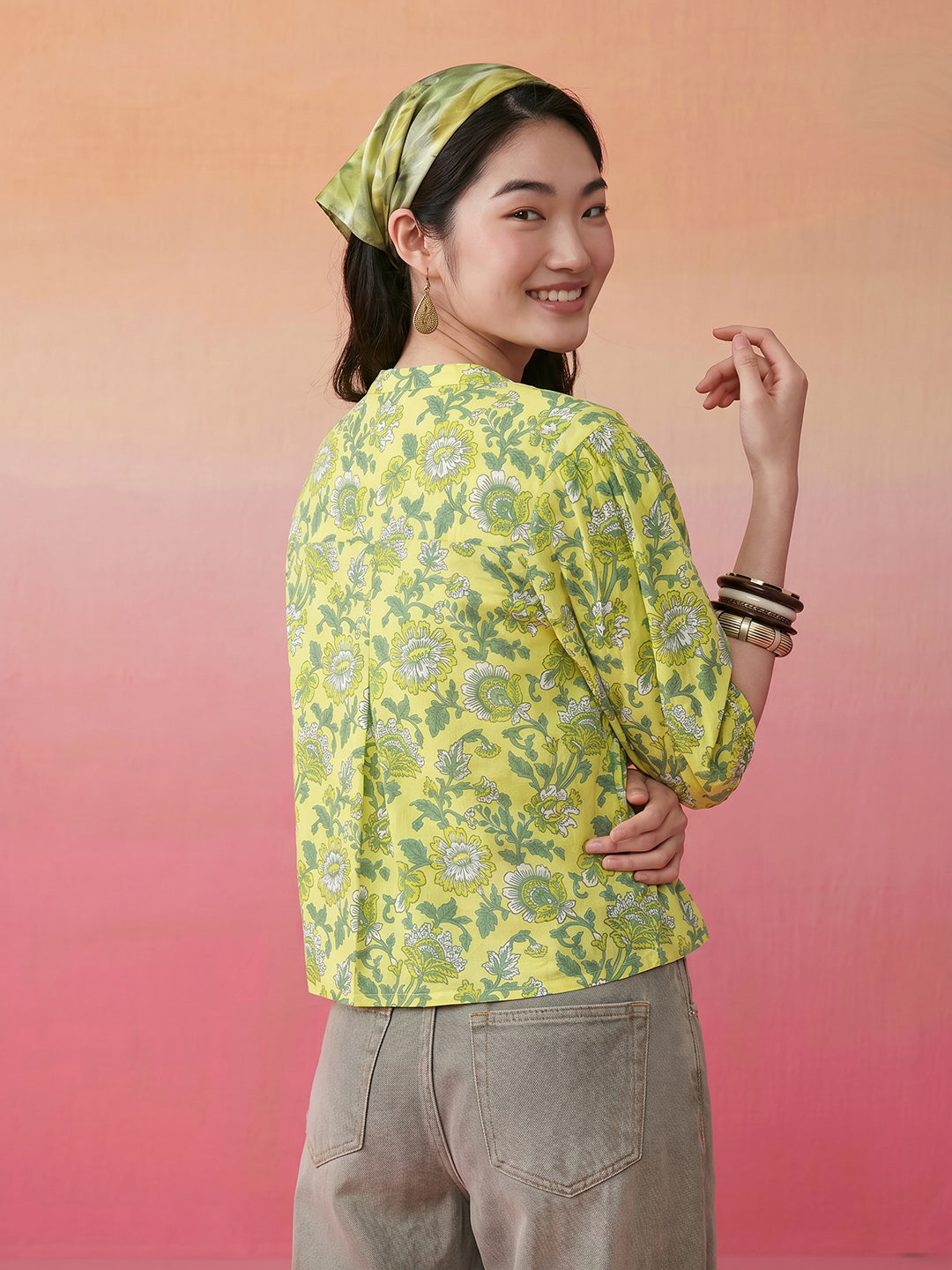 Janasya Lime Green Shirt Cotton Top - Dista