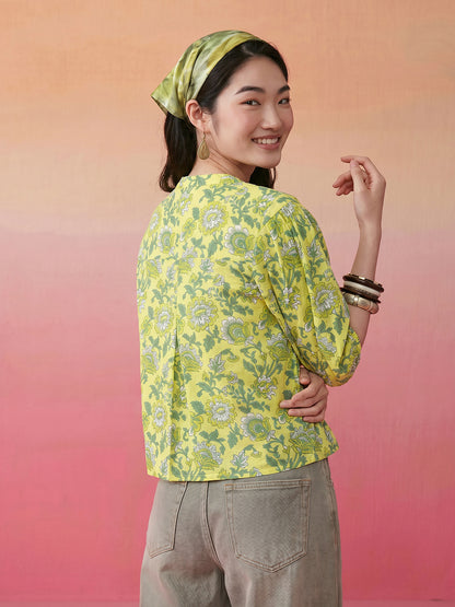 Janasya Lime Green Shirt Cotton Top - Dista