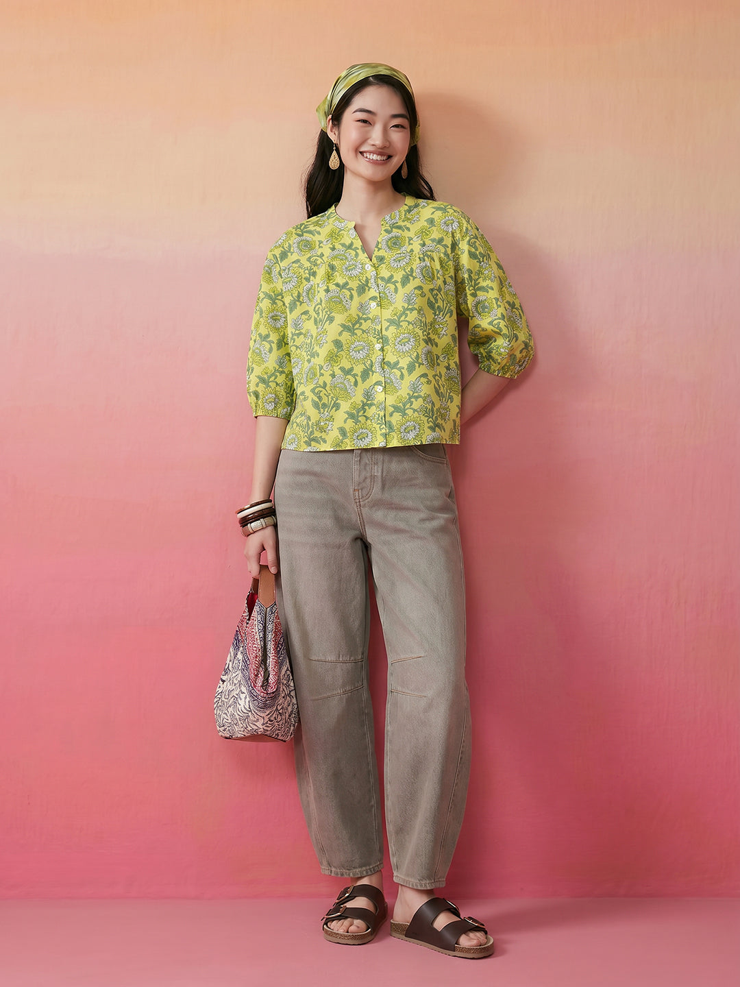 Janasya Lime Green Shirt Cotton Top - Dista