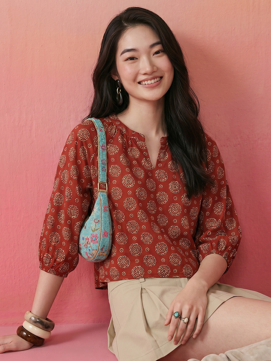 Janasya Rust Straight Cotton Top - Dista