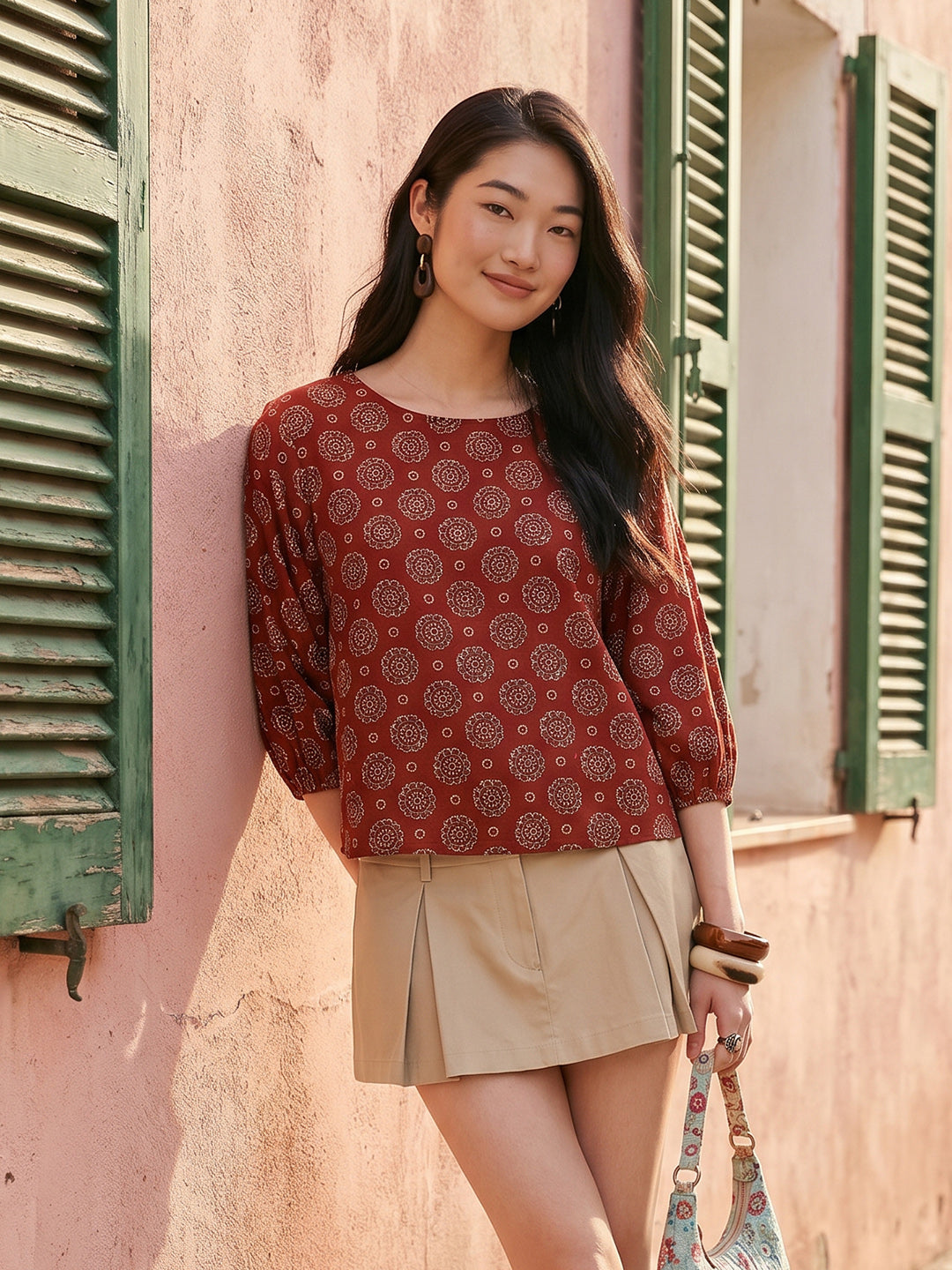 Janasya Rust Straight Cotton Top - Dista