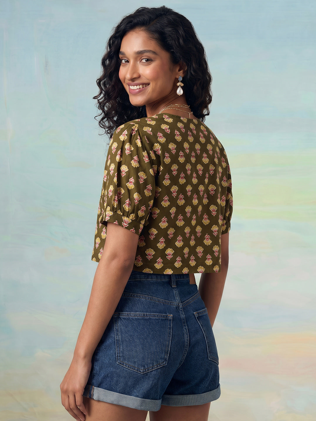 Janasya Olive Crop Cotton Top - Dista