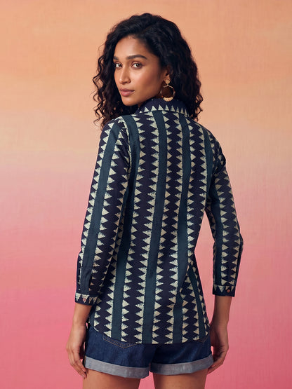 Janasya Teal Shirt Cotton Top - Dista