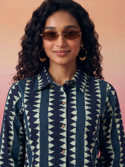 Janasya Teal Shirt Cotton Top - Dista