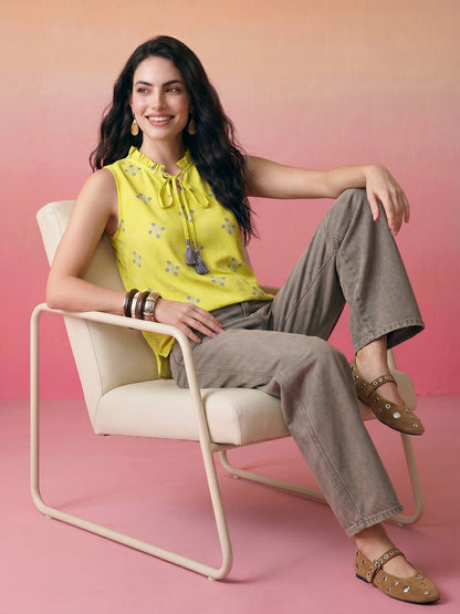 Janasya Lime Straight Cotton Top - Dista