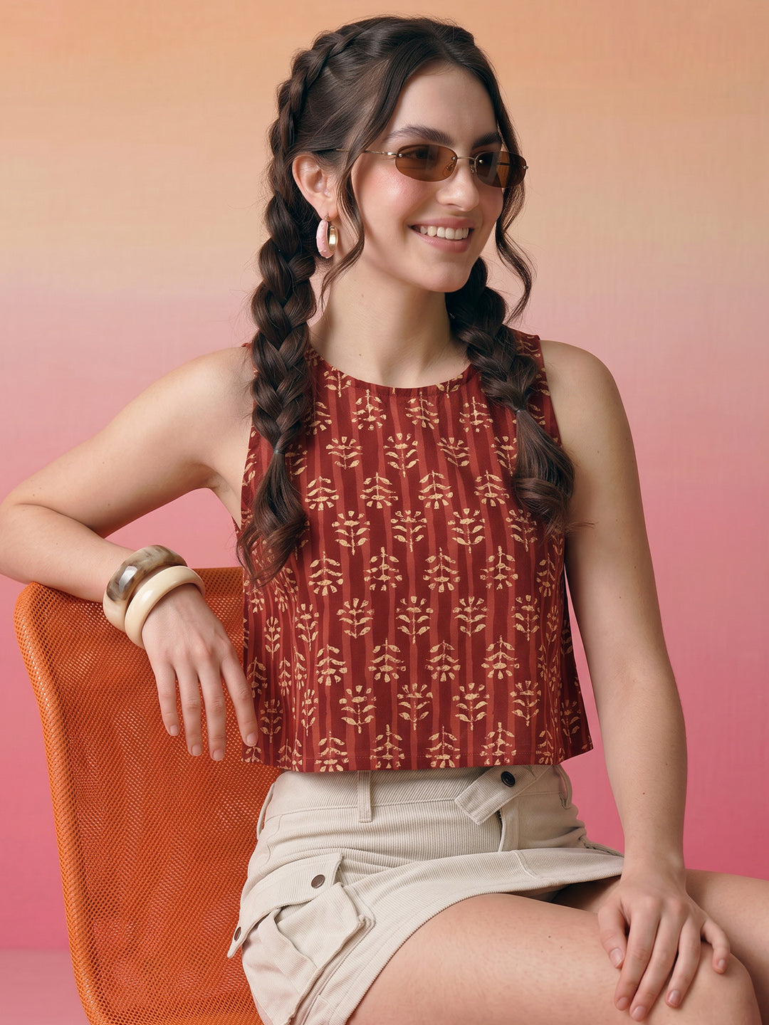 Janasya Maroon Crop Cotton Top - Dista