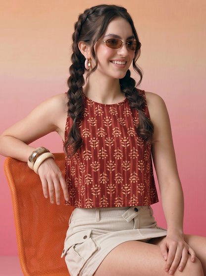 Janasya Maroon Crop Cotton Top - Dista